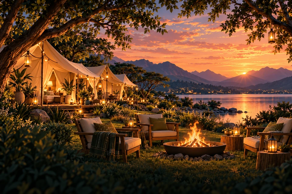 Illustrated luxury glamping tents and campfire beside a lake at sunset