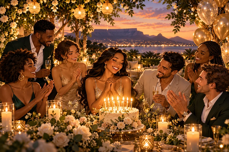 Illustrated joyful birthday celebration with candles and warm fairy lights