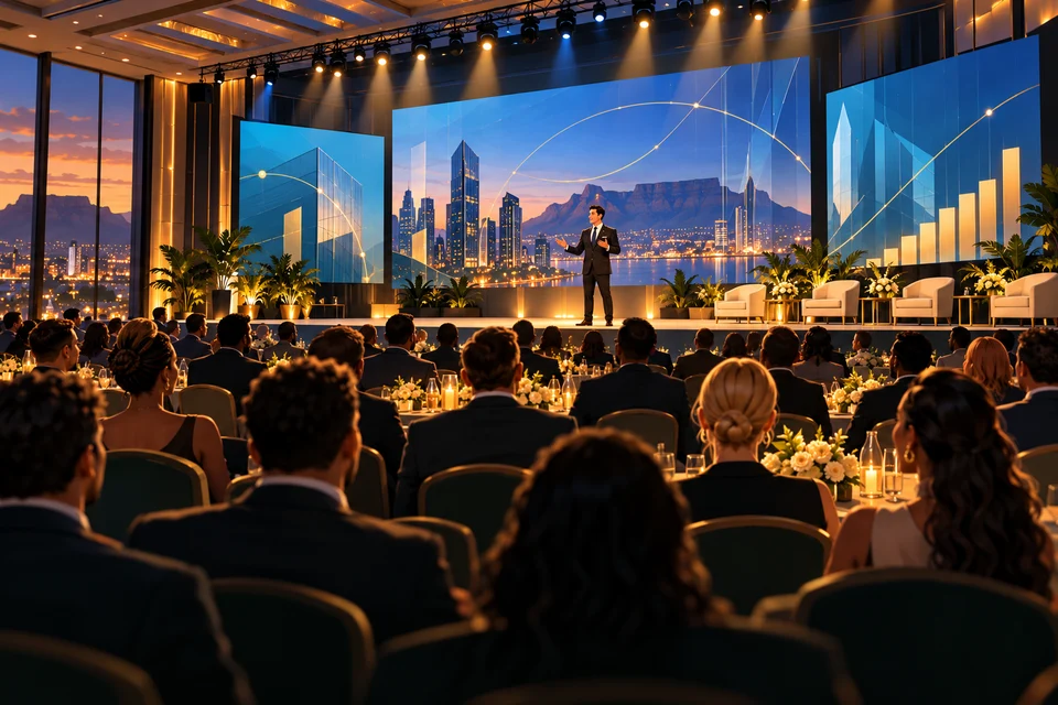 Illustrated large professional conference with a speaker and audience
