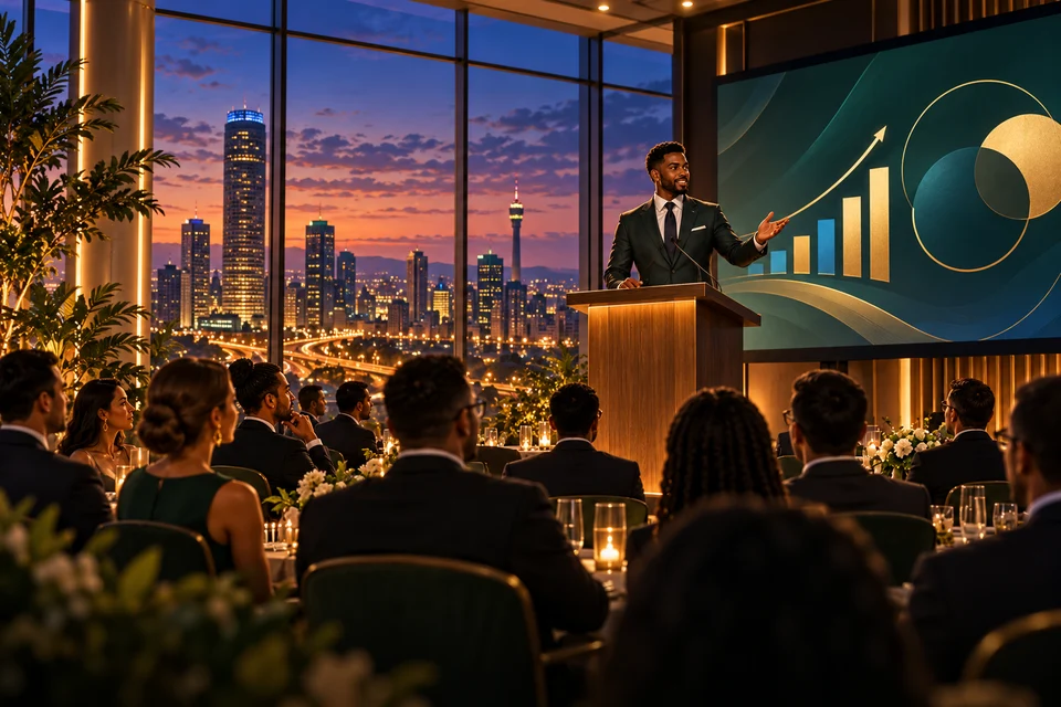 Illustrated executive speaking to a professional audience
