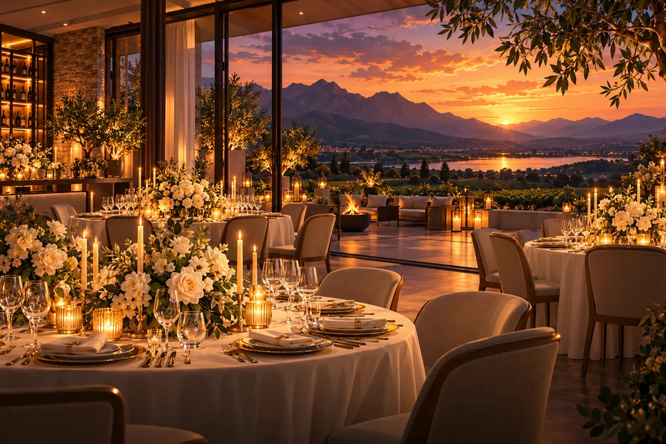Illustrated intimate luxury private dinner with candles and floral tables