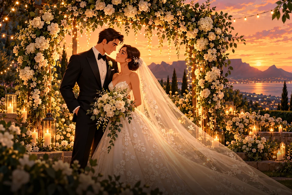 Illustration of a couple at a romantic floral wedding arch