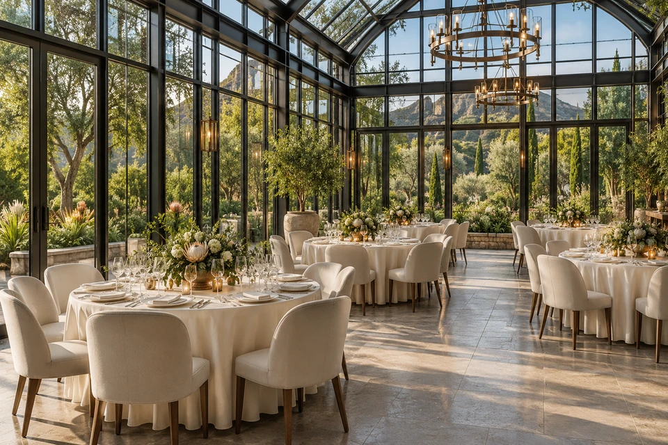 Imagined glass conservatory event venue with elegant dining tables and lush gardens