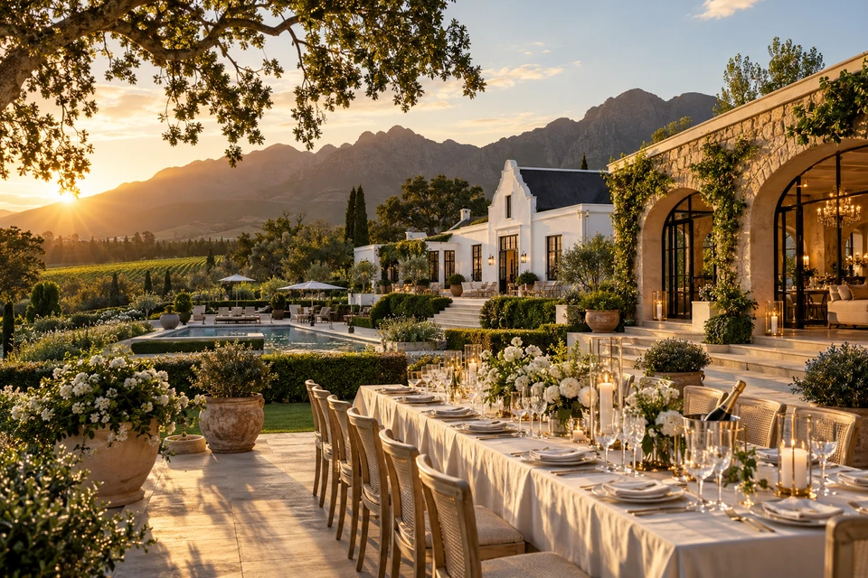 Concept of an elegant Winelands estate with a candlelit terrace and mountain views