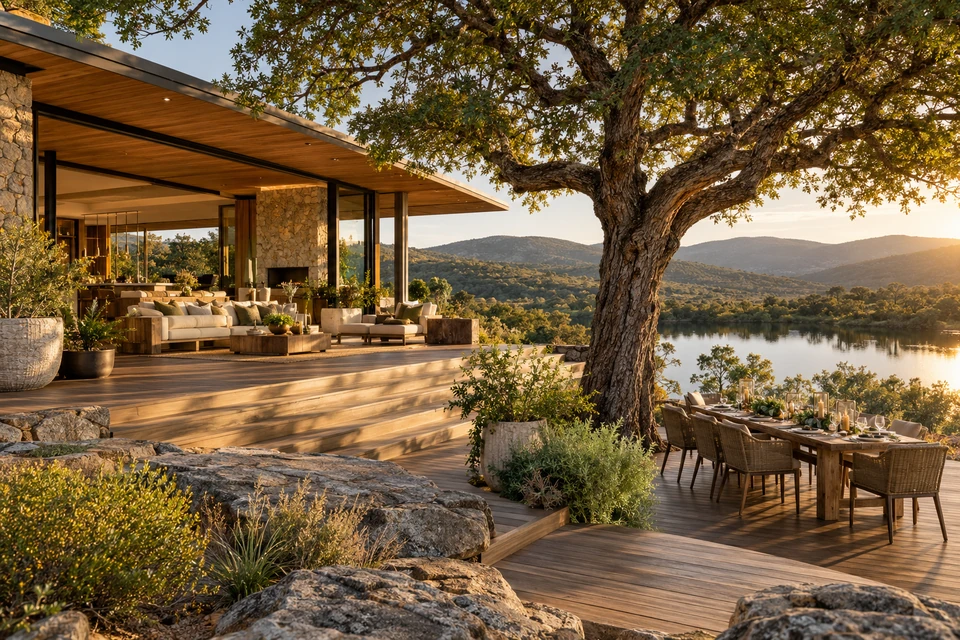 Imagined luxury lakeside lodge with natural stone, timber and an inviting event deck